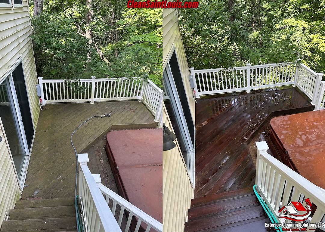 Wood Deck and Composite Railings Soft Washed in Fenton, Mo.